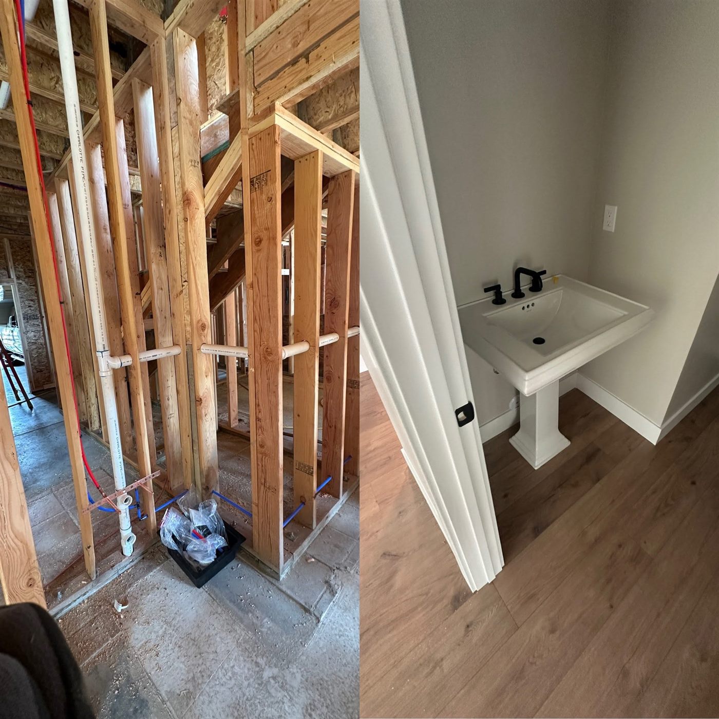 Pedestal sink plumbed on a new-construction bathroom