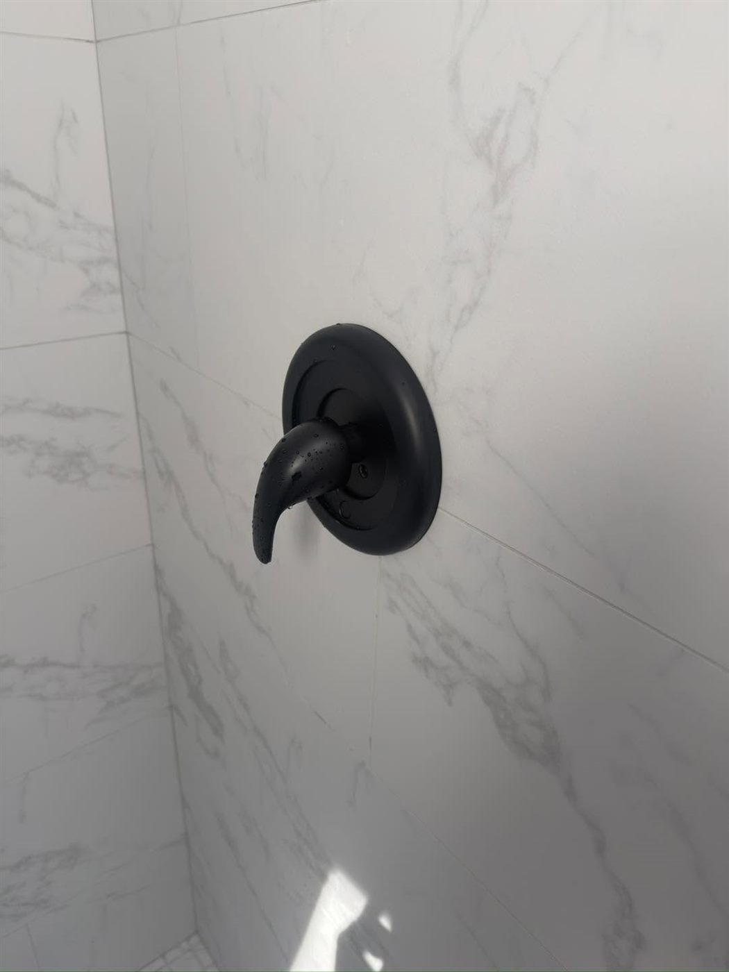 Black shower valve trim on marble tile